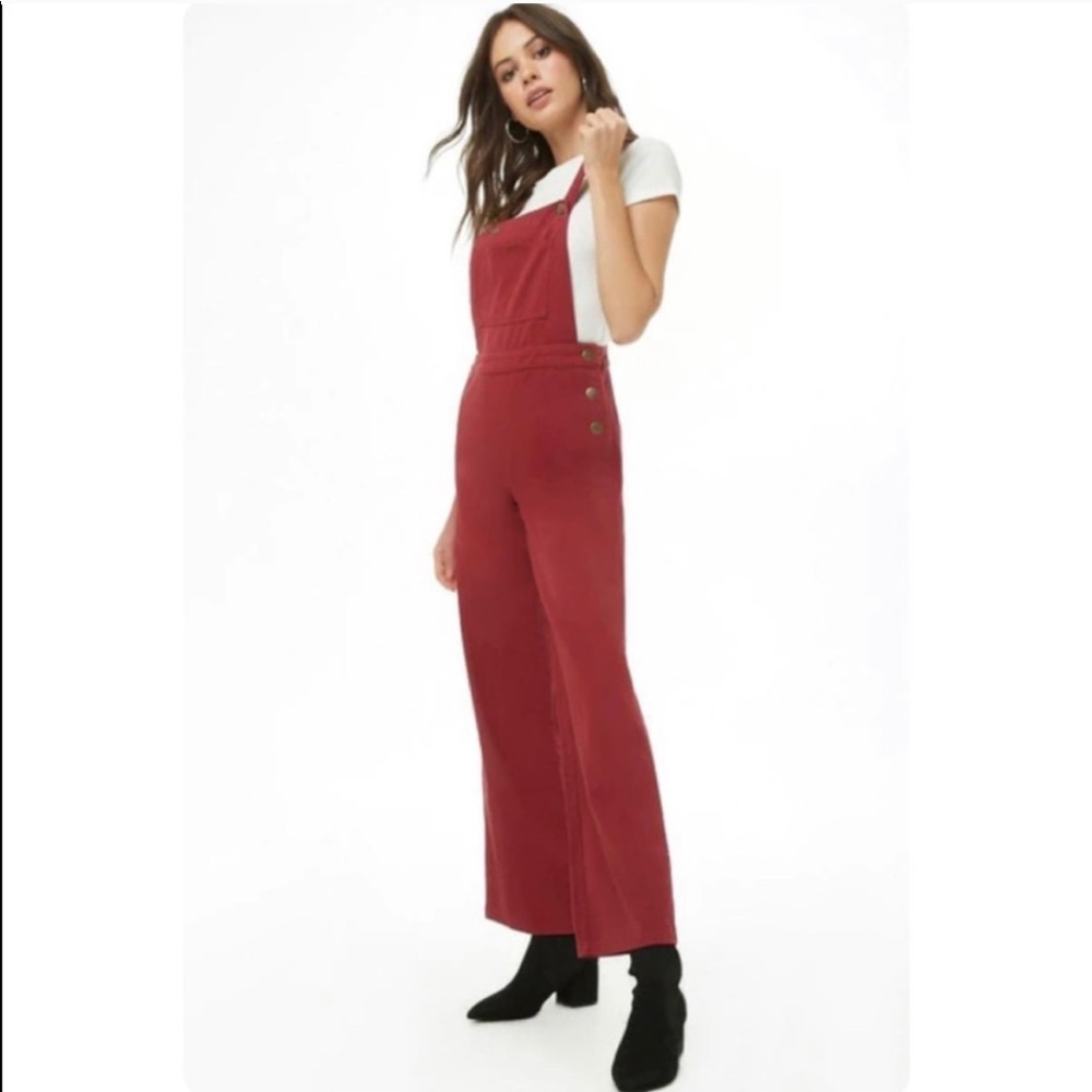 NWT FOREVER 21 Burgundy Denim Overalls L Wide Leg